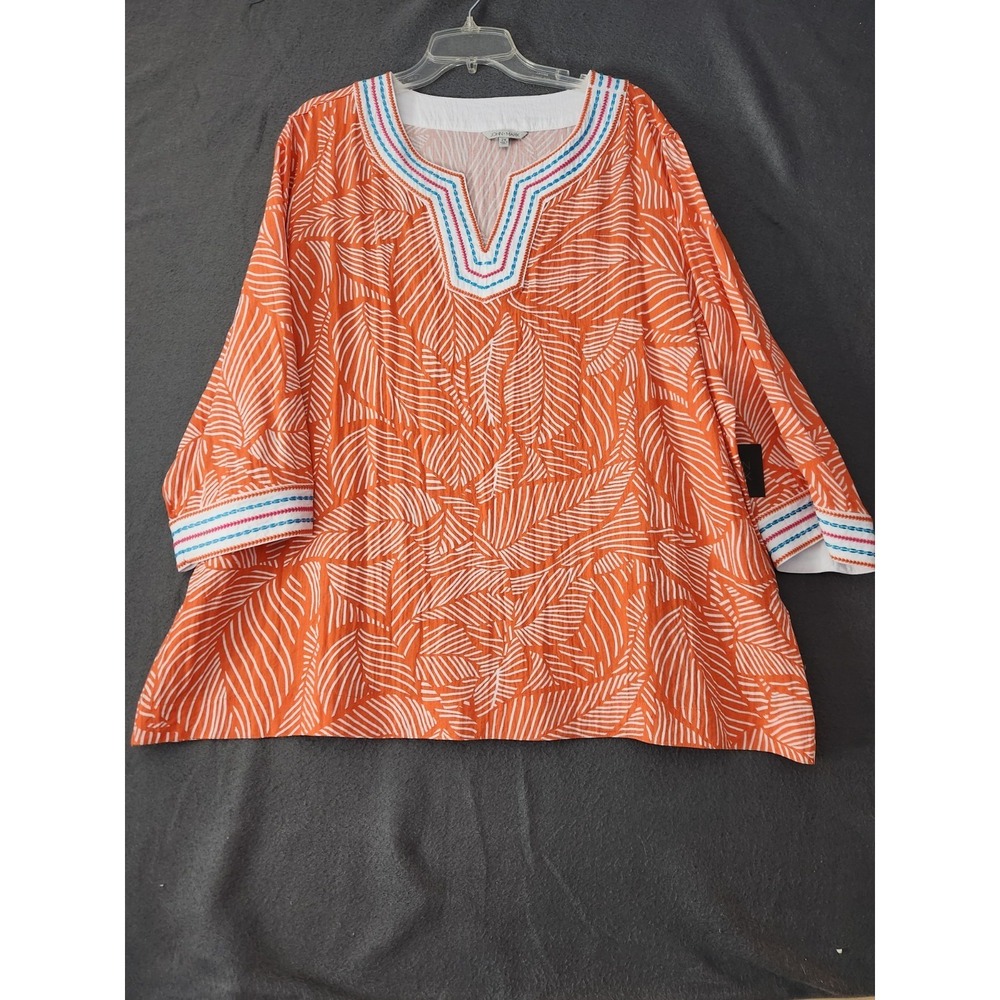 John Mark Women's 3X Tropical Resort Palm Print Embroidered Popover Tunic Resort